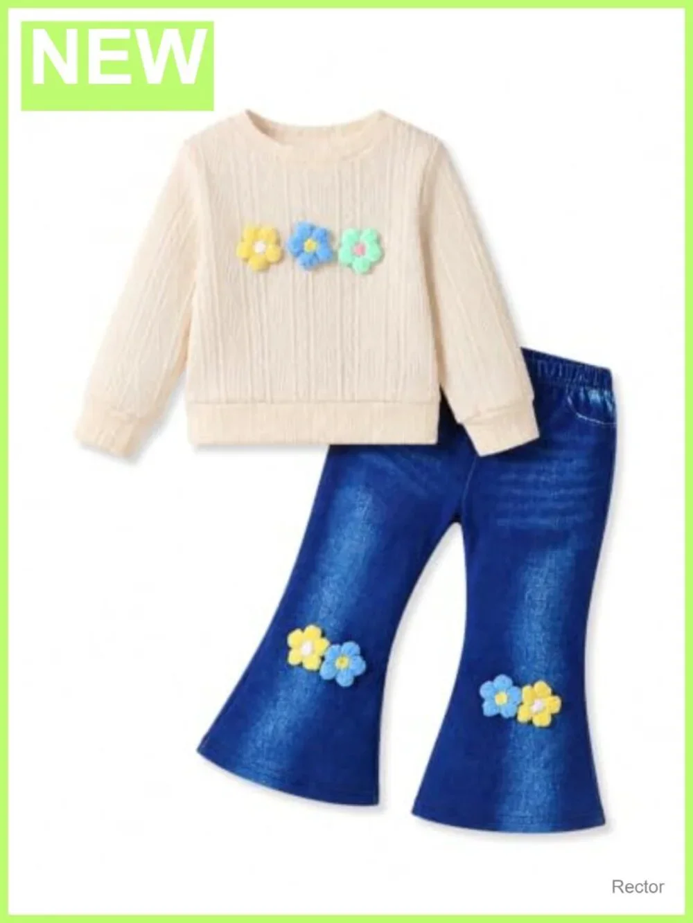 Toddler Girl 2-Piece Faux Denim Outfit Bell Bottom Pants & Sweatshirt Set